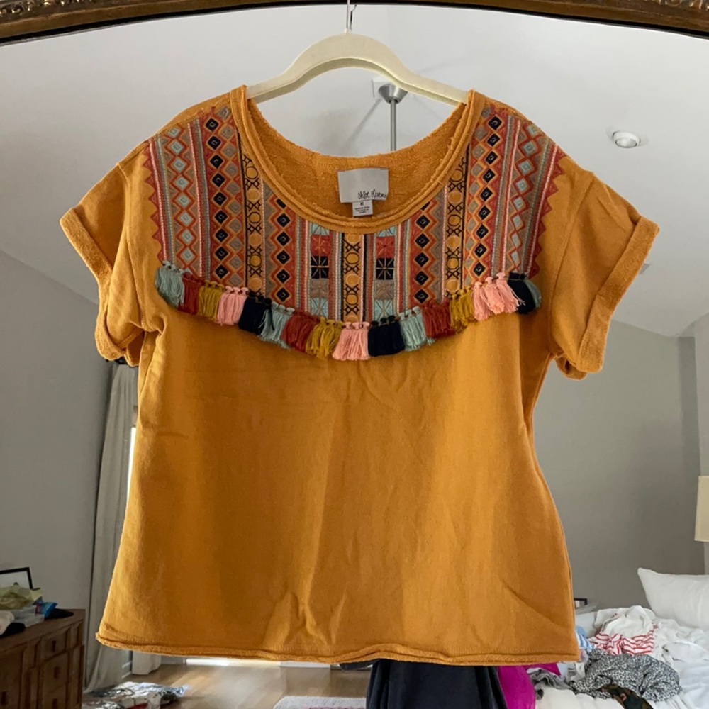 Anthropologie Gold and Pink Boxy Embellished T-Shirt